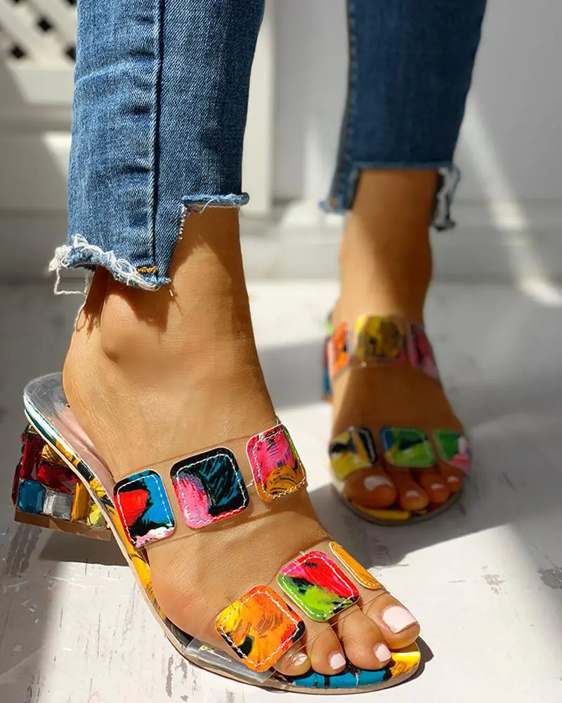 Colorful Geo Applique Chunky Heeled Sandals