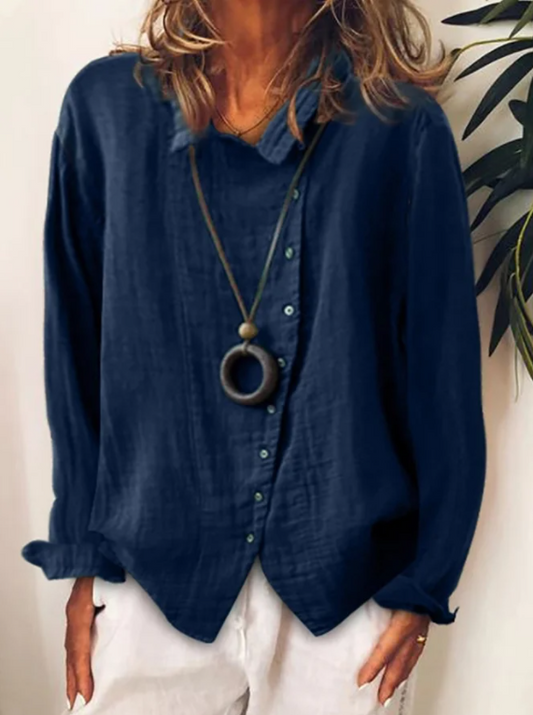 Casual Shirt Collar Long Sleeve Tops Blue