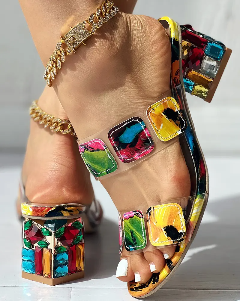 Colorful Geo Applique Chunky Heeled Sandals