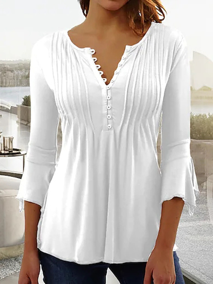 White V Neck Buttoned Basic Casual Plain Ruched Tunic Top White