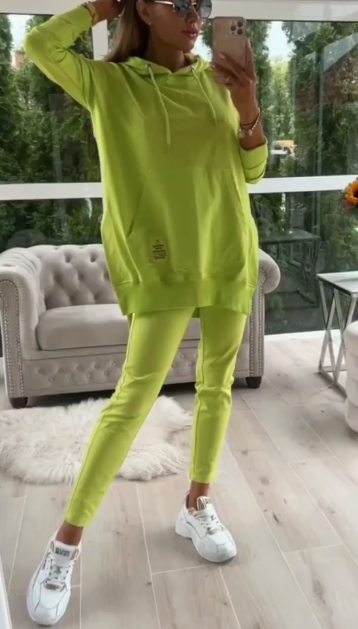 Women's Fashion Solid Color Hoodie and Lined Leggings two-piece set TOP+PANTS Fluorescent Green