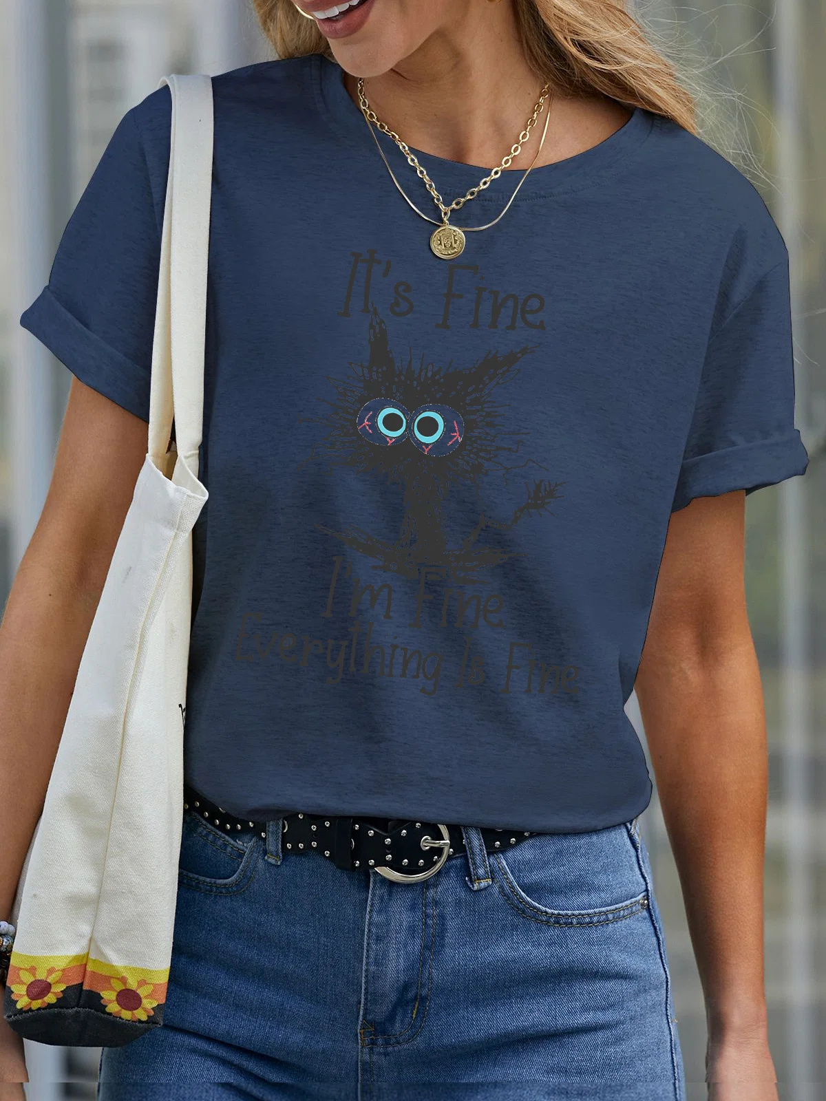 I Am Fine Everything Is Fine Slogan T-Shirt Cat Cotton Short Sleeve Crew Neck Shirt Top Deep Blue