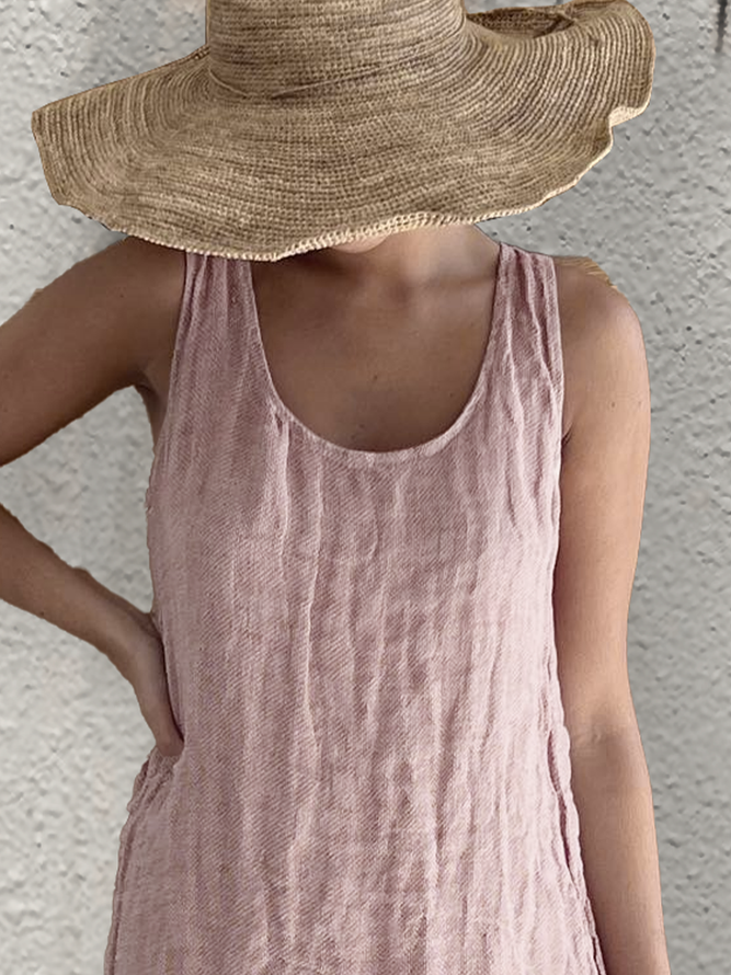 Plain Linen Cotton And Linen V Neck Dress