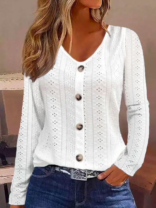 Buttoned Plain Casual Eyelet Embroidery Shirt White