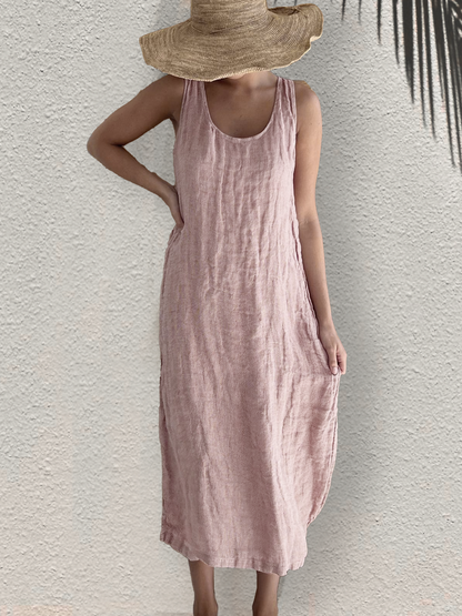 Plain Linen Cotton And Linen V Neck Dress Nudepink