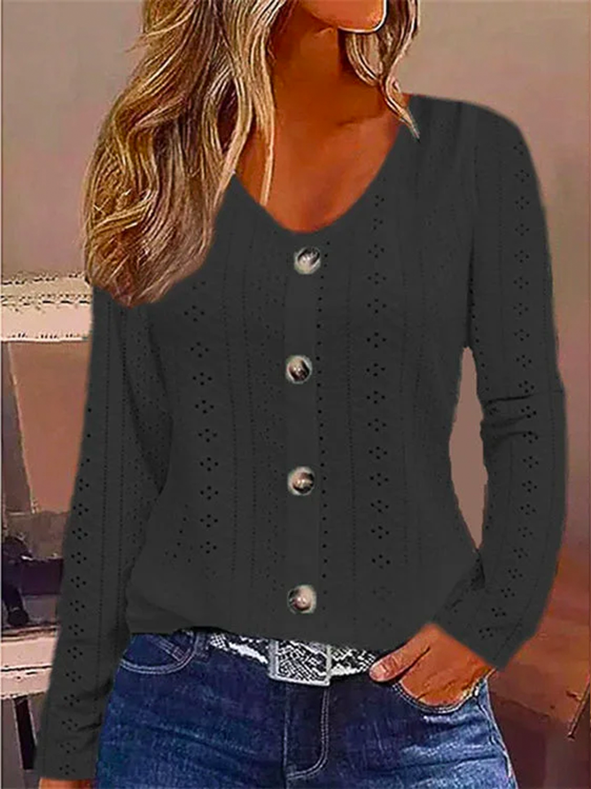 Buttoned Plain Casual Eyelet Embroidery Shirt Black