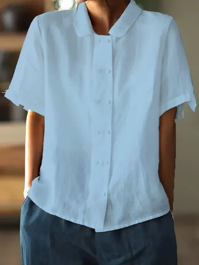 Women Loose Button Down Plain Cotton Linen Short Sleeve Blouse Blue