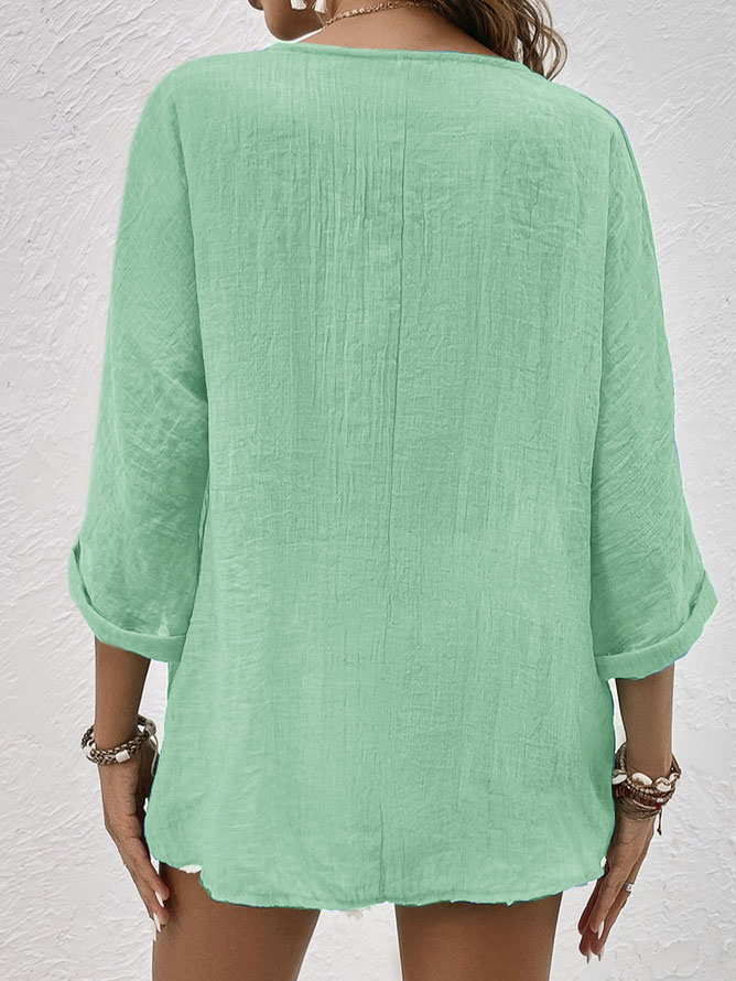 V Neck Cotton-Blend Linen Plain Blouse