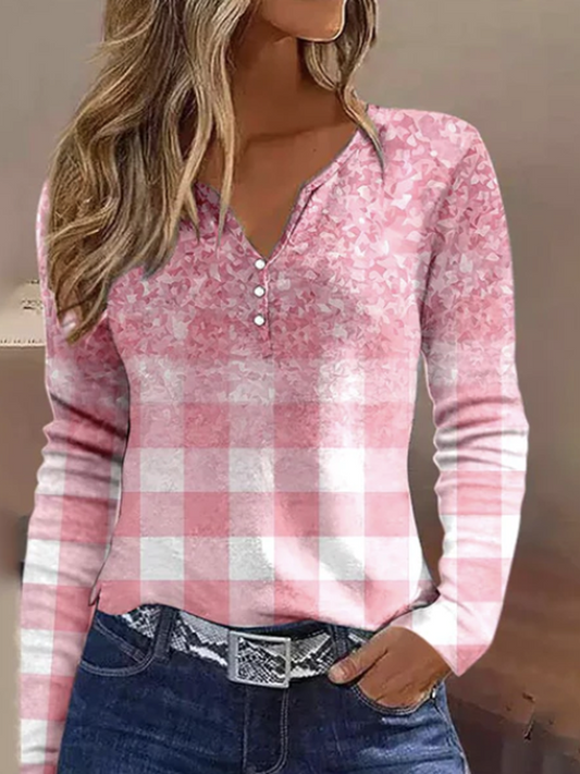 Casual Plaid Notched Long Sleeve T-shirt Pink