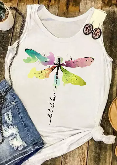 Let It Be Abstract Dragonfly O-Neck Tank White