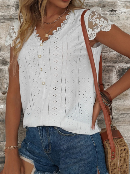 Casual V Neck Linen Lace Breathable T-Shirt Buttoned White Casual T-Shirt