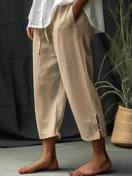 Elastic Band Loose Plain Casual Pants Khaki