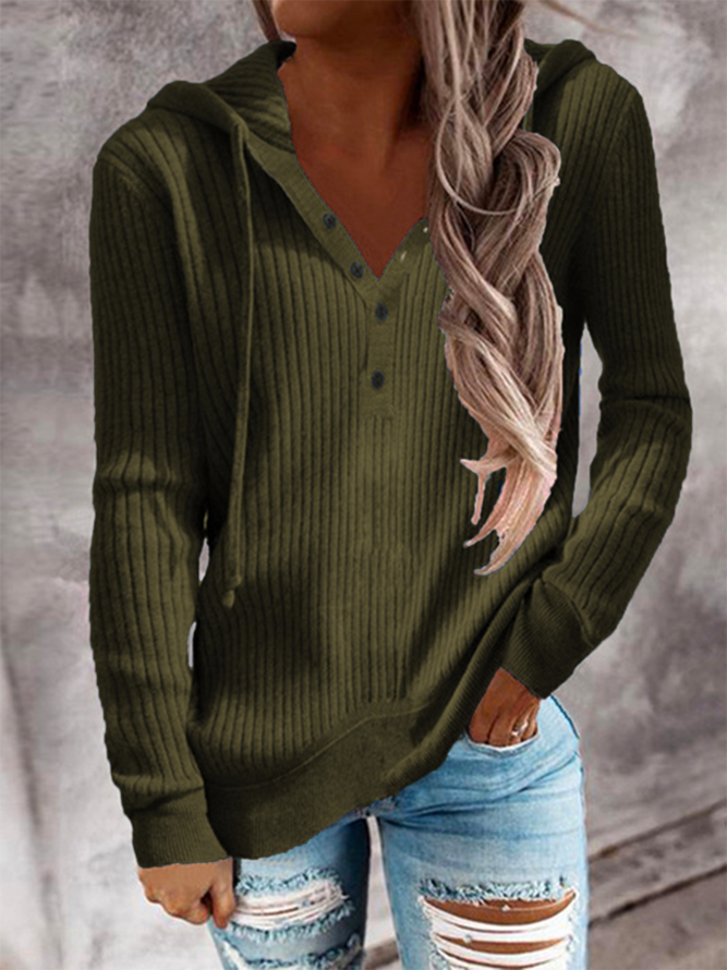 Casual V Neck Plain Shirts & Tops Army Green