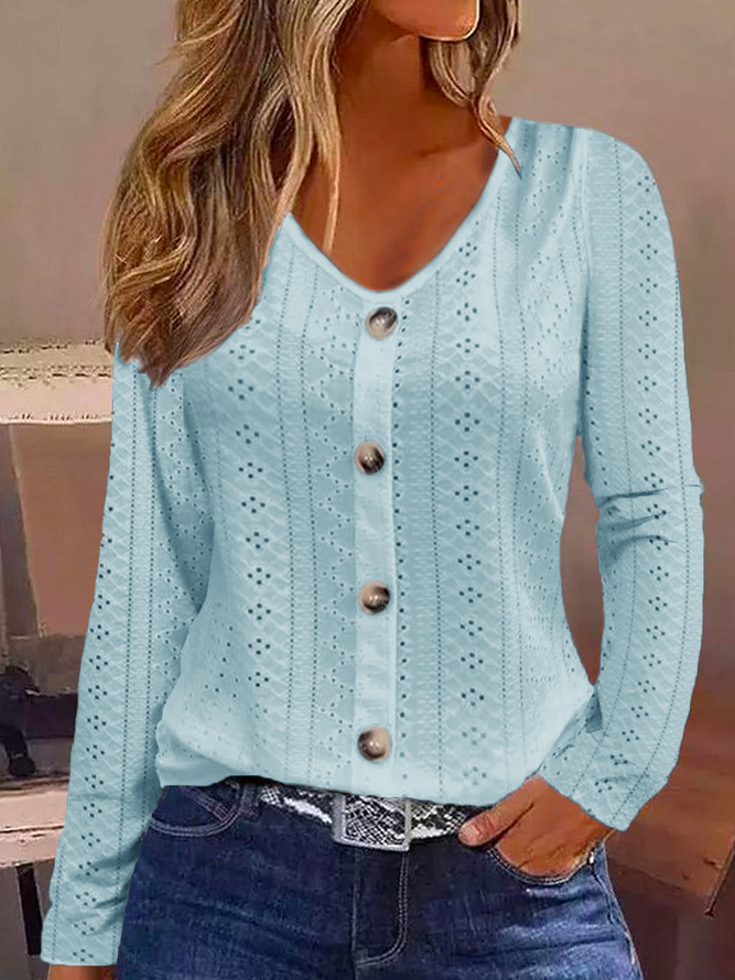 Buttoned Plain Casual Eyelet Embroidery Shirt Blue