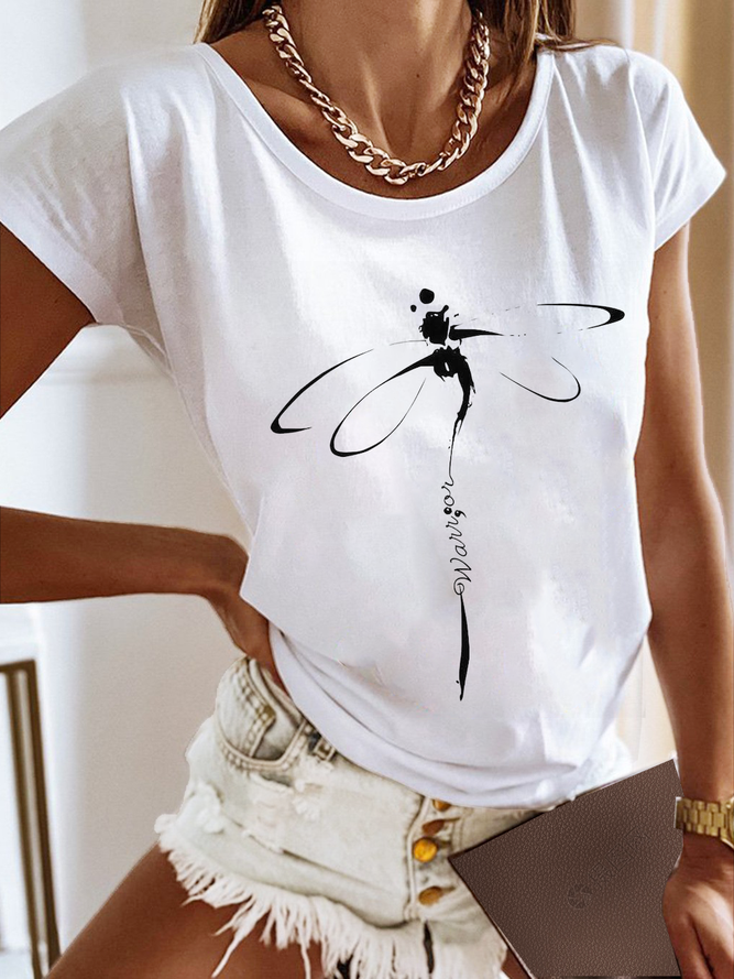 Casual Jersey Dragonfly Loose T-Shirt White