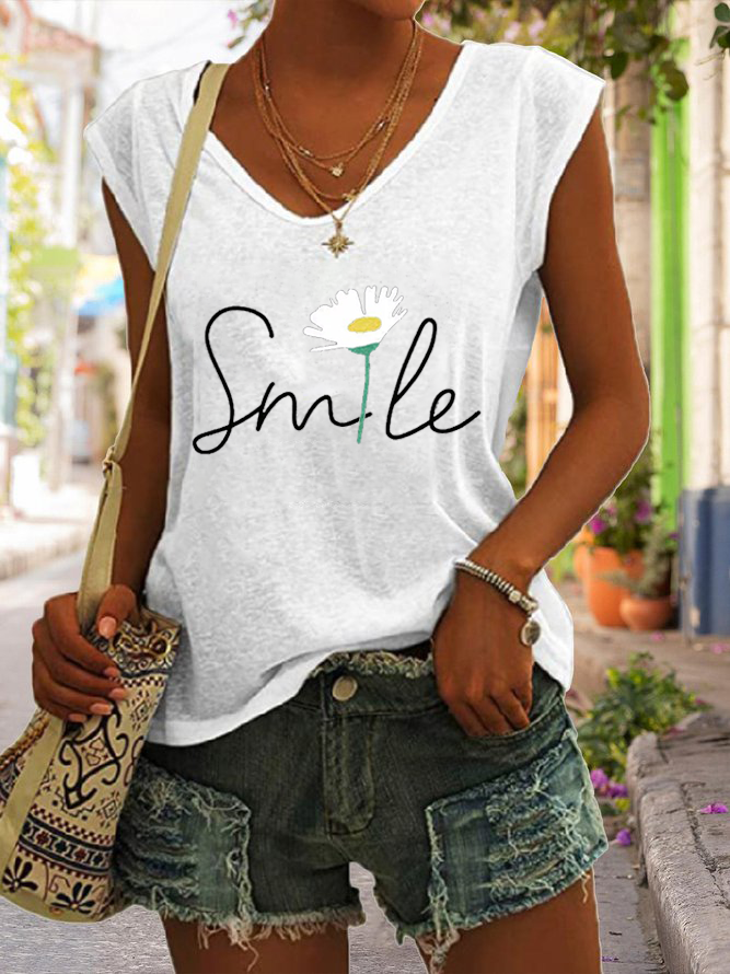 Women's Smile Flower Print Tank Top White