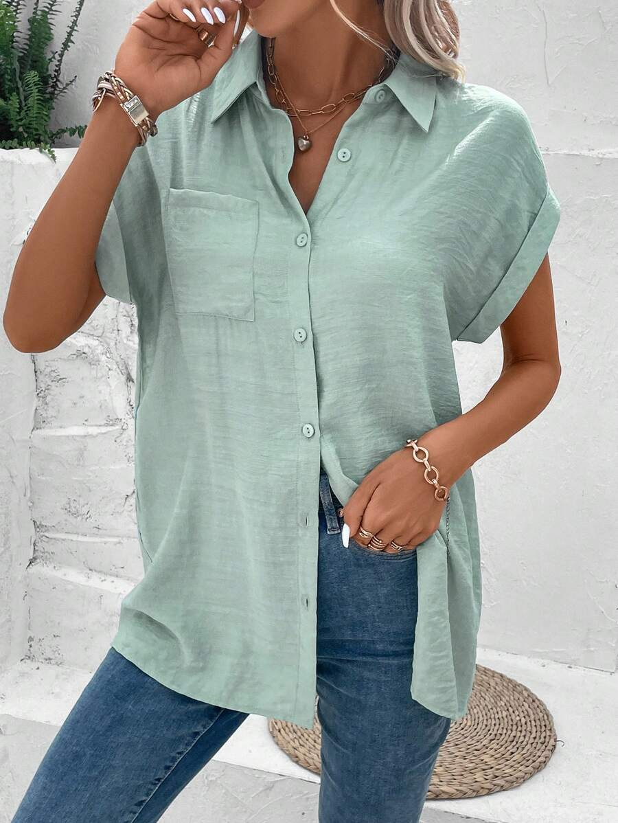 Solid Batwing Sleeve Pocket Patched Button Front Shirt Green