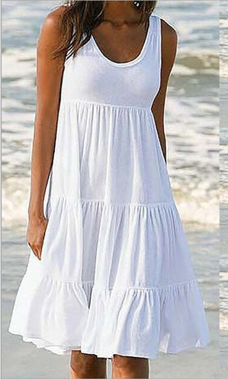 Sleeveless round neck dress stitching big swing beach dress white