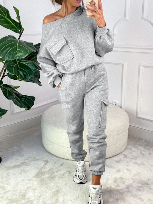 Solid color Pocket Design Trousers and long sleeve sweatshirt suit