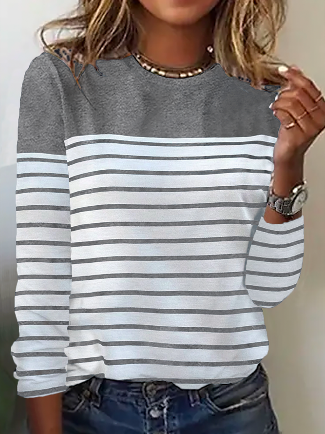 Crew Neck Striped Casual T-Shirt Grey