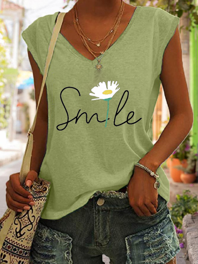 Women's Smile Flower Print Tank Top Green