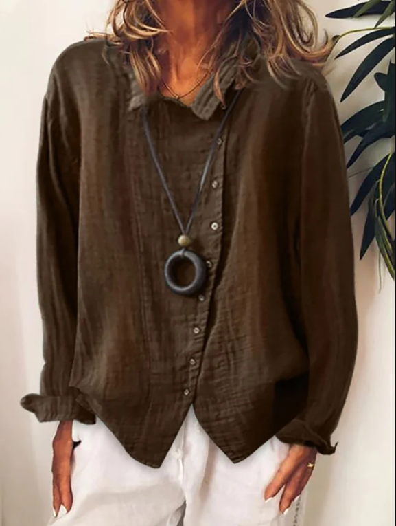 Casual Shirt Collar Long Sleeve Tops Brown