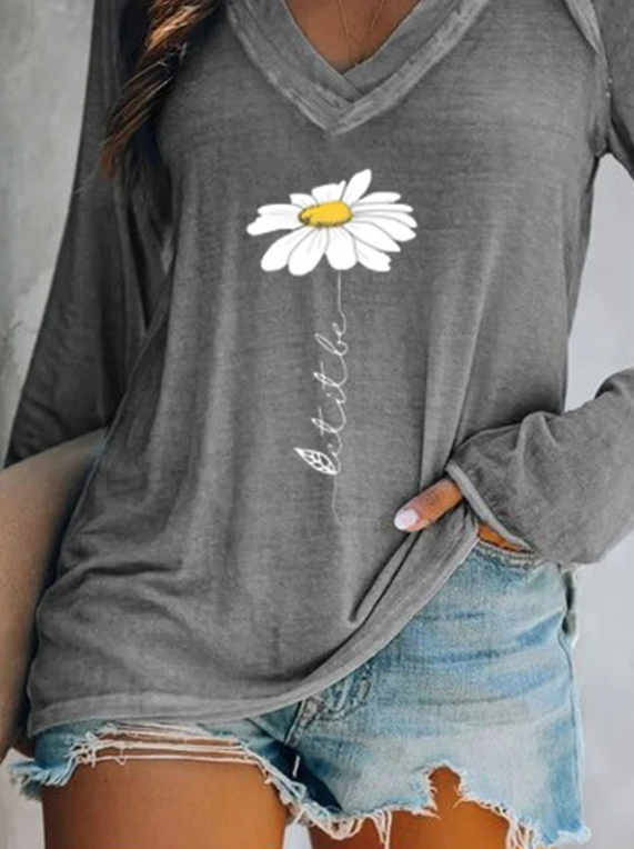 V Neck Printed Long Sleeve Casual T-shirt