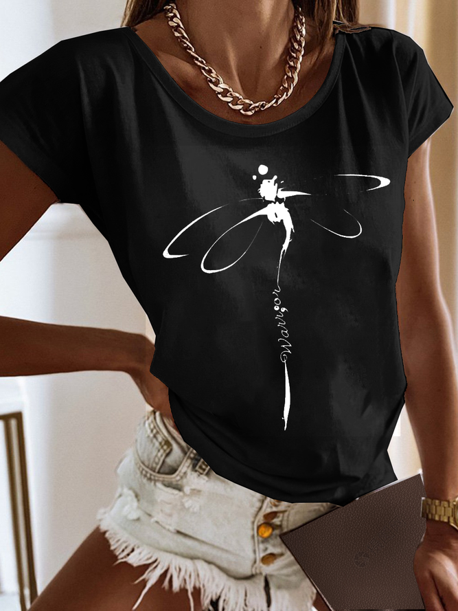 Casual Jersey Dragonfly Loose T-Shirt Black