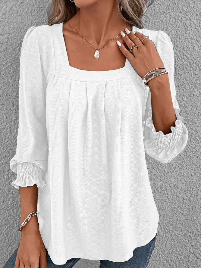 Jacquard Plain Square Neck Loose Casual Long Sleeve T-Shirt White