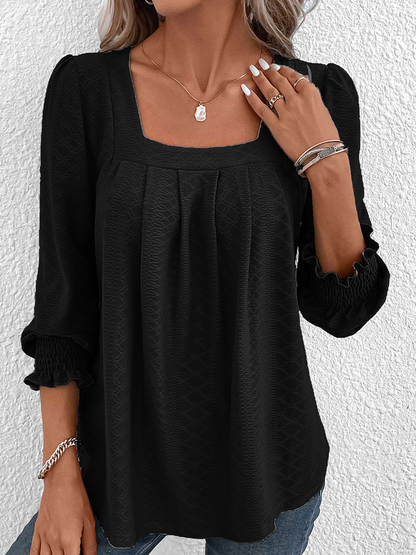 Jacquard Plain Square Neck Loose Casual Long Sleeve T-Shirt Black