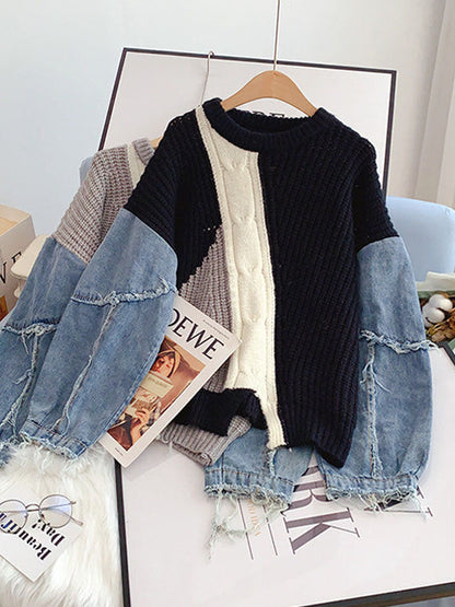 Knitted Denim Patchwork Sweater