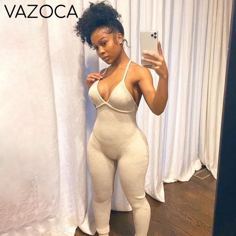 V-Neck Sexy Jumpsuit Beige