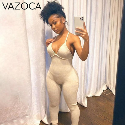 V-Neck Sexy Jumpsuit Beige