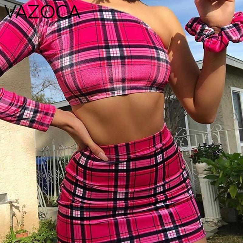 One Shoulder Plaid Set