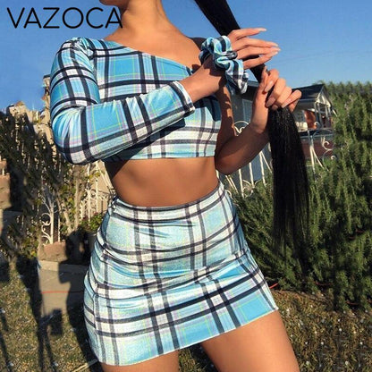 One Shoulder Plaid Set