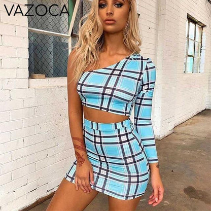 One Shoulder Plaid Set