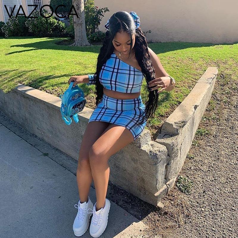 One Shoulder Plaid Set
