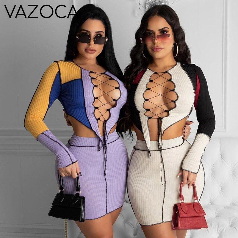 Knit Ribbed Patchwork Matching Set