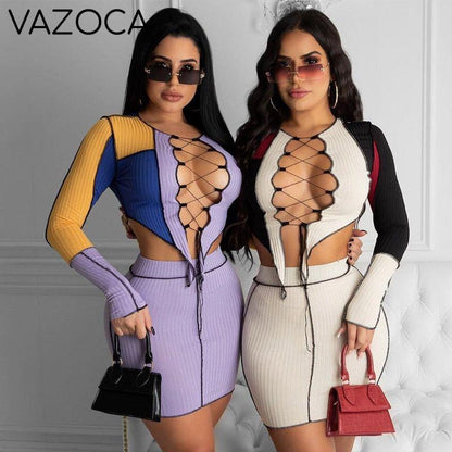 Knit Ribbed Patchwork Matching Set