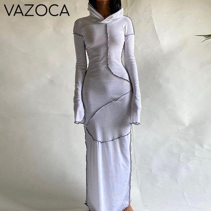 Patchwork Hooded Autumn Dress White