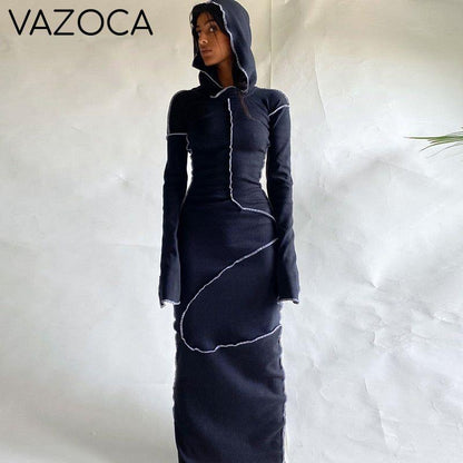 Patchwork Hooded Autumn Dress Black