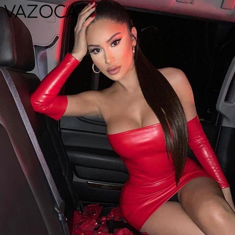 Faux PU Leather Dress With Gloves