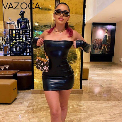 Faux PU Leather Dress With Gloves