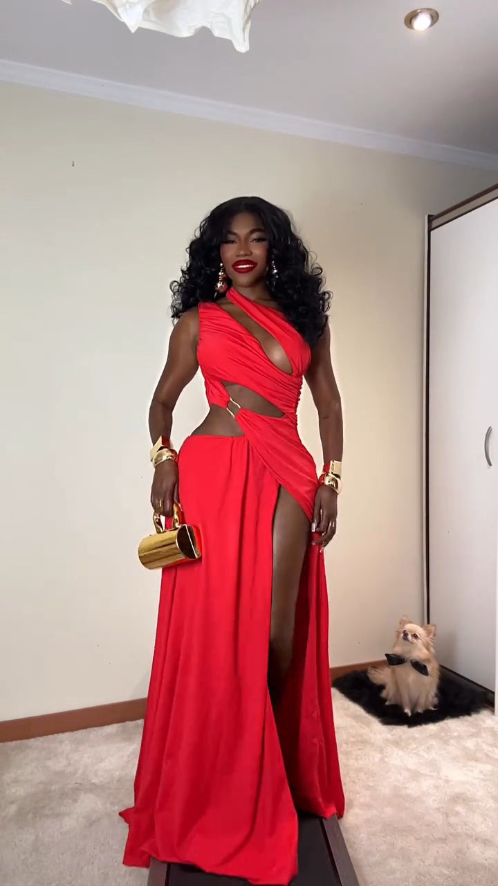 Red Ruched Cut-Out Maxi Dress