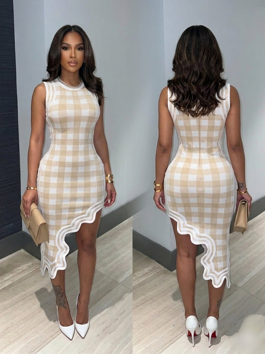 Plaid Asymmetrical Bandage Dress
