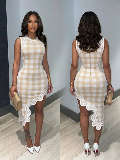 Plaid Asymmetrical Bandage Dress