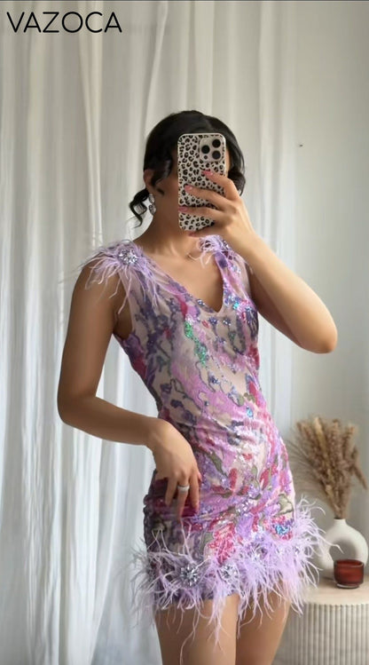 Lexa Sequin Feather Mini Dress