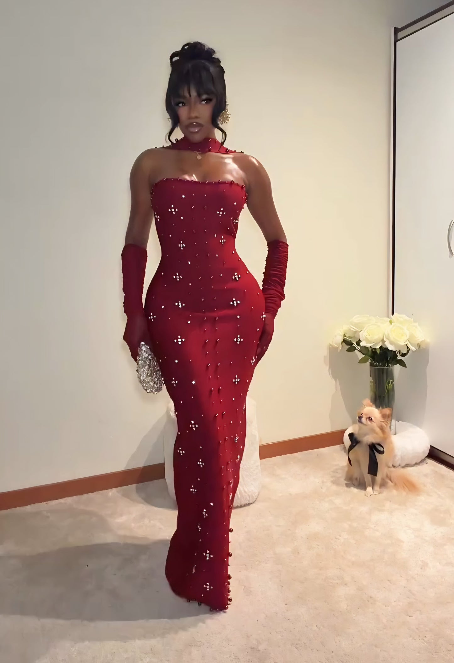 Rhinestone Pearl Bandage Midi Dress