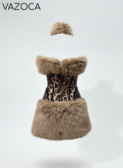 Plush Fur Leopard Mini Skirt Set
