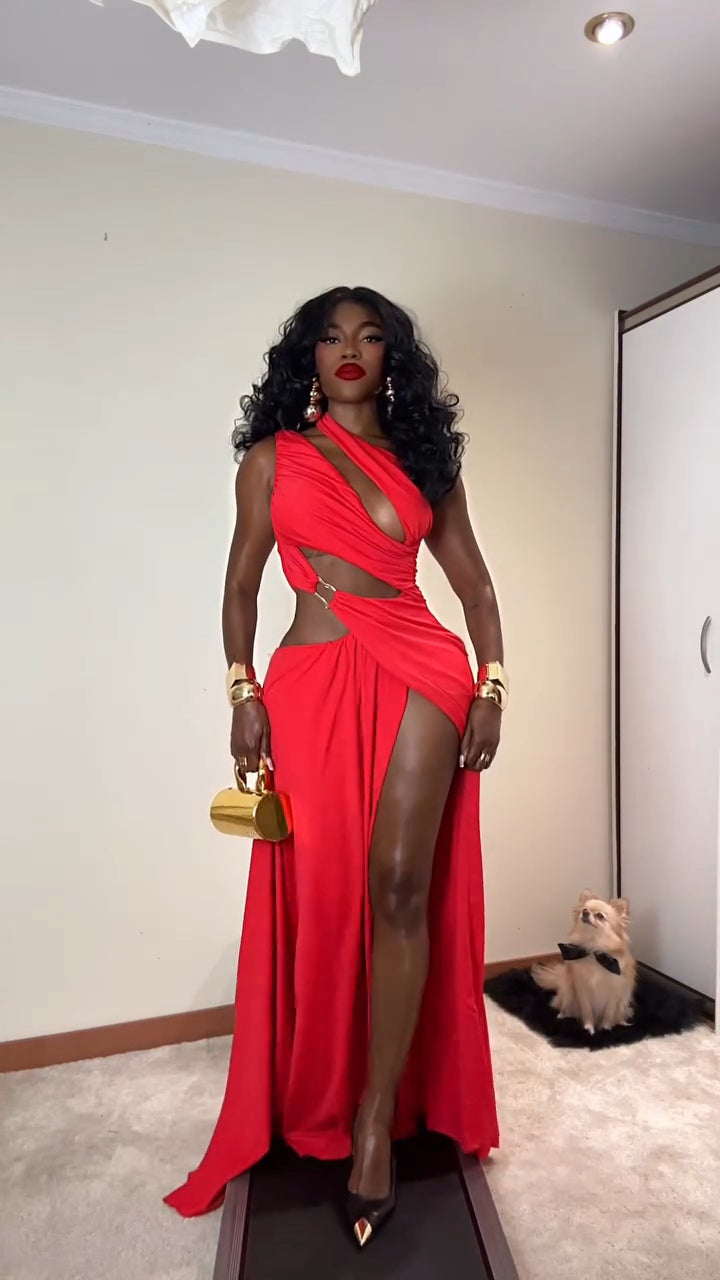 Red Ruched Cut-Out Maxi Dress